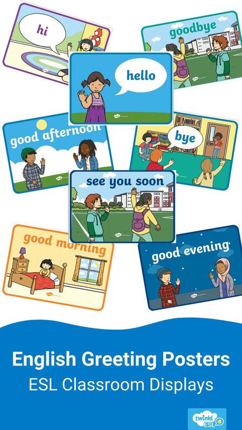 English greetings poster displays for ESL or EFL classrooms. Greetings Poster For Classroom, Greeting Poster For Classroom, English Class Posters, English Class Decoration, Classroom Greetings, Greetings Posters, Esl Classroom Decor, Greetings English, Greetings In English