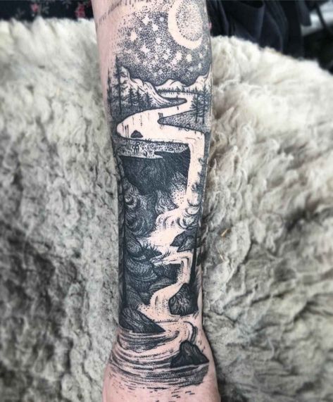 Noel'le Longhaul Pacific Northwest Sleeve Tattoo, Waterfall Sleeve Tattoo, Nature Men Tattoos, River Tattoo Men, River Tattoo Sleeve, Black And Grey Nature Tattoos, Waterfall Tattoo Sleeve, Water Tattoo Sleeve, Landscape Tattoo Sleeve