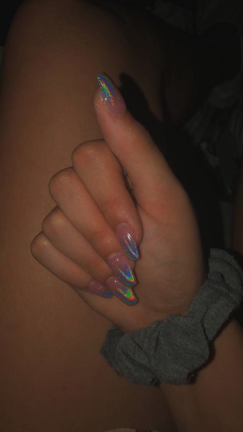 Holo Tip Nails, Ombre Holographic Nails, Hologram Nails, Short Holo Nails, Ombre Holographic Nails Almond, Holo French Tip Nails, Silver Holo Nails, Holographic Nails Acrylic, Holographic Dress