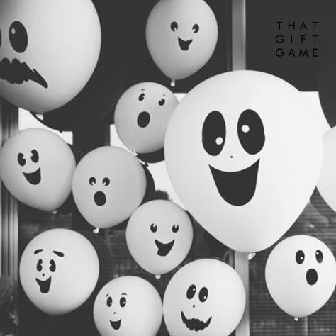 Halloween Ghost Theme Decor, Ghost Balloons Diy, Ghost Faces Ideas, Ghost Theme Party, Diy Halloween Party Decor, Christmas Gift Exchange Party, Ghost Birthday Party, Ghost Balloons, Chalkboard Contact Paper