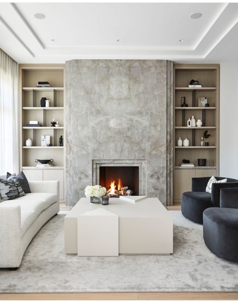 Porcelain Slab Fireplace, Stepped Ceiling, Slab Fireplace, Contemporary Fireplace Designs, Fireplace Feature Wall, Warm Wood Tones, Porcelain Slab, Classic Fireplace, Winter Whites