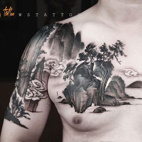 Chinese Landscape Tattoo, Asian Landscape, Chinese Tattoo, Hand Tattoos For Guys, Body Tattoos, Japan Fashion, China Fashion, Watercolour Painting, I Tattoo