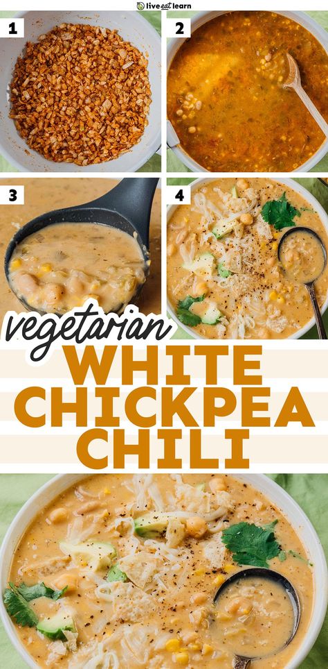 30-Minute White Chickpea Chili Chickpea Recipes Soup, Chickpea Freezer Meal, Spiced Chickpea Bowl, Chickpea Instapot Recipes, Hot Chickpea Recipes, Chickpea Chili Recipes, Easy Chickpeas Recipe Dinners, Chickpea Tomato Soup, Chick Pea Soup Crockpot