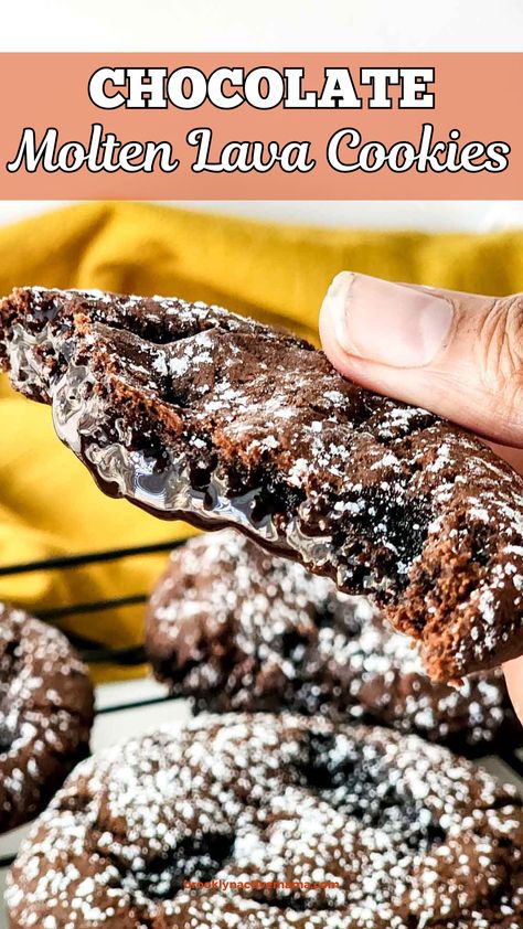 Molten Lava Cookies: the perfect blend of crunchy chocolate cookies & gooey hot fudge centers. #ChocolateLoversDream Molten Lava Cookies, Cookies Gooey, Lava Cookies, Crunchy Chocolate, Christmas Food Treats, Molten Lava Cakes, Molten Lava, Chocolate Lava Cake, Impressive Recipes