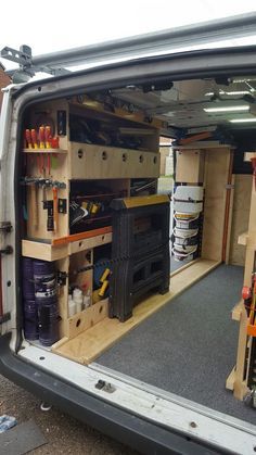 Transit Custom Racking Ideas, Van Racking Ideas Carpenter, Work Van Storage, Van Storage Ideas Tools, Work Van Storage Ideas, Van Racking Ideas, Trailer Shelving, Work Truck Organization, Work Truck Storage