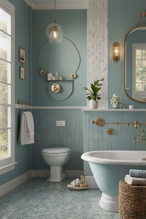 Step into your coastal bathroom retreat with the serene and peaceful vibes of Celestial (SW 6808). Dive into this daily routine for interior designers and elevate your space with heavenly decor touches. #Ad #homedecor #homedesign #bathroom #Painthome interiorarchitecture best Wall Colors for Bathroom Colors Bright Room Colors best colors combinations bathroom bathroom Remodeling Modern Paint Colors 2024 Light Blue Bathroom Gold Fixtures, Earthy Blue Bathroom, Spa Like Blue Bathroom, Blue Spa Bathroom, Lavender Bathroom Ideas Decor, Celestial Bathroom Ideas, Turquoise Bathroom Ideas, Retro Blue Bathroom Update, Aqua Blue Bathroom