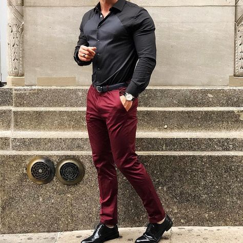 Mens Dinner Outfit Classy, Red Pants Outfits, Red Shirt Outfits, Red Pants Men, Maroon Pants Outfit, Red Pants Outfit, Dark Red Maroon, Maroon Outfit, Dress Pants Outfits