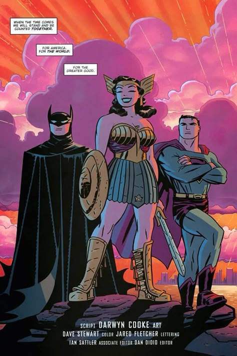 Trinity by Darwin Cook Darwyn Cooke, Dc Trinity, Comic Company, Univers Dc, Bruce Timm, Arte Dc Comics, Dc Comics Characters, Batman Art, Batman And Superman