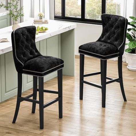 Black Barstools In Kitchen With Backs, Bar Stools Kitchen Island Black, Bar Stools Kitchen Island Ideas, Velvet Bar Stools, Chairs For Kitchen Island, Island Seating, Counter Stools With Backs, Round Table And Chairs, Island Stools