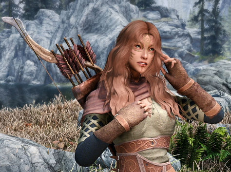 Elven beauty preset pack for Skyrim. This design features an archer elf with custom hair and face paint. A gorgeous lady for a wild adventure across Tamriel. Skyrim High Elf Art, Wood Elf Skyrim, Skyrim Hair Mods, Skyrim Character Design, Kaidan Skyrim, Skyrim Wood Elf, Skyrim Elf, Skyrim Mods Female, Elven Beauty