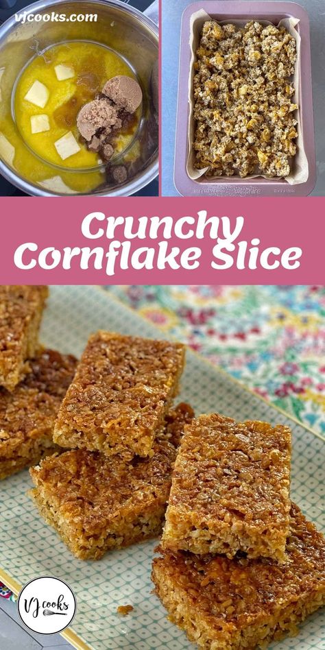 Crunchy Cornflake Slice made from cornflakes, oats and desiccated coconut mixed through a toffee made from butter, honey and brown sugar. This delicious and moreish Crunchy Cornflake Slice hits so many good notes. It's easy to prepare, it's made from pantry staples and it tastes absolutely delicious. This slice doesn't last long in our house! #vjcooks #cornflakeslice #homebaking Corn Flakes Bars Recipe, Corn Flakes Recipes Dinners, Recipes With Cornflakes, Homemade Cornflakes, Cornflake Slice, Corn Flake Bars, Cornflake Crunch, Flake Recipes, Vj Cooks