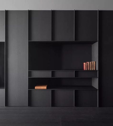 Minimal Apartment, Interior Minimal, Shelving Design, Stained Oak, Large Shelves, Closet Cabinets, Madrid Spain, Modern Office, Wall Unit