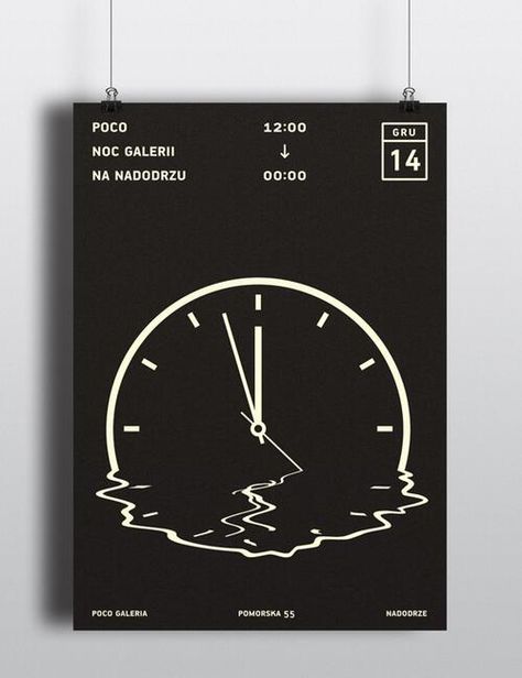 Designspiration 在 Twitter: "Poster and flyer designed for The Art Galleries Night event by MnM’s. http://t.co/qv4MY9DBnD http://t.co/1KMDd35bVJ" / Twitter Night Graphic Design, Clock Poster, Clock Logo, Poster Grafico, Melting Clock, Graphisches Design, Tableau Design, Typography Layout, White Poster