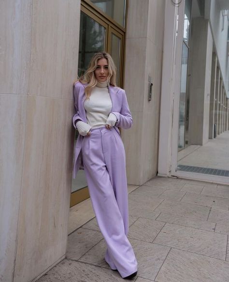 Corporate Style Women, Rome Outfits, Lavender Outfit, Women Office Outfits, Lilac Blazer, Pastel Skirt, Women Jumpsuit, Corporate Fashion, Unique Women