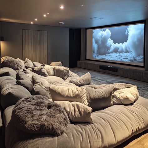 Home Cinema Room Sofas, Movie Room Interior Design, Inground Couch, Big Couch Bed, Comfy Family Couch, Family Cinema Room, Large Cozy Couch, Modern Farmhouse Movie Room, Big Comfy Sofa