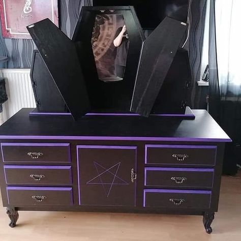 Crazy Art Station UG on Instagram: “We make the dresser. For more Info send a direct message please. Ship Worldwide. #gothic #goth #nugoth #tattoo #tattooartist #emo…” Gothic Dresser, Purple Dresser, Chalkboard Wall Bedroom, Crazy Art, Beauty Room Decor, Goth Home, Goth Home Decor, Room Design Bedroom, Repurposed Furniture Diy