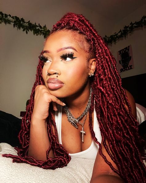 black girl red locs #locstyles #locs #blackhairstyles Red Boho Locs Black Women, Black Cherry Locs, Maroon Faux Locs, Maroon Locs Black Women, Dark Red Faux Locs, Burgundy Faux Locs Black Women, Red Faux Locs Black Women, Soft Locs Red, Red Boho Locs