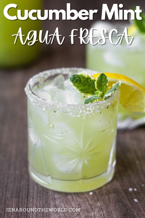 Cucumber Mint Agua Fresca - Jen Around the World Aqua Fresca Recipes, Aqua Fresca, Agua Fresca Recipe, Ginger Honey Lemon, Mint Drink, Lime Drinks, Kid Friendly Drinks, Agua Fresca, Festive Drinks