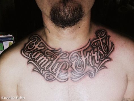 Family First Tattoo For Men, Chest Tattoo Family, Tattoo Designs On Chest, First Tattoo Designs, Good Family Tattoo, Chest Tattoos For Men, 6 Letter Words, Tattoos Family, Tatto Designs