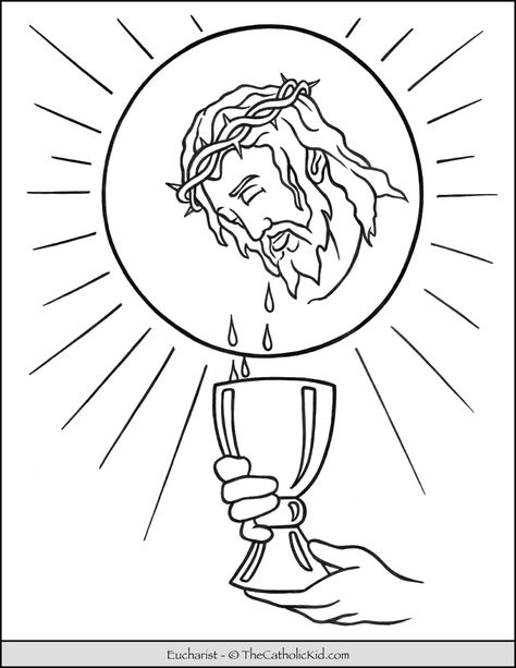 The Eucharist - Sacrament Coloring Page - TheCatholicKid.com Eucharist Drawing, Catholic Coloring Pages, Catholic Church Stained Glass, Corpus Cristi, Examination Of Conscience, St Michael Prayer, Cross Coloring Page, Seven Sacraments, Good Shepard