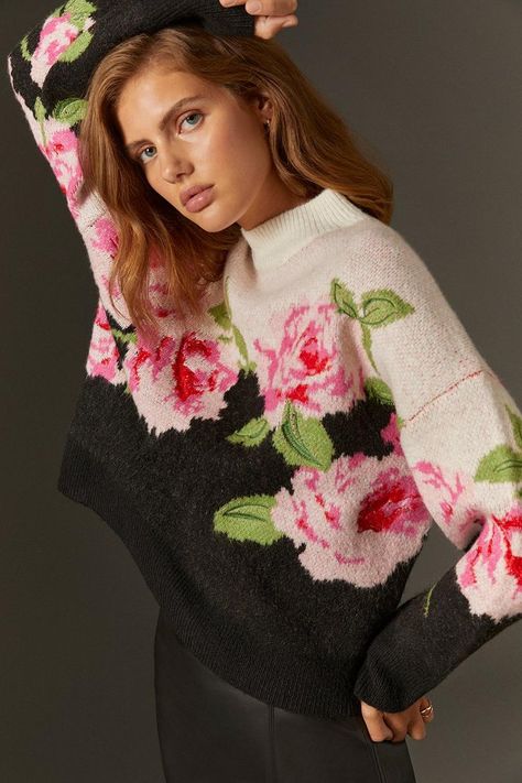 Jumpers & Cardigans | Premium Embroidered Floral Jacquard Jumper | Oasis Crochet Cardigan Outfit, Floral Jumper, Winter Sweater Outfits, Christmas Party Outfits, Crochet Cardigan Pattern, Crochet Tops, Cardigan Pattern, Free Crochet Patterns, 가을 패션