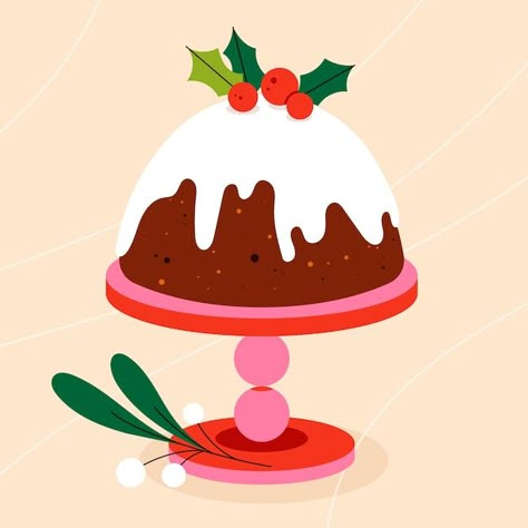 Christmas Pudding Drawing, Christmas Cake Illustration, Christmas Pudding Illustration, Christmas Food Illustration, Christmas House Illustration, December Prompts, December Illustration, Pudding Illustration, Christmas Bundt Cake