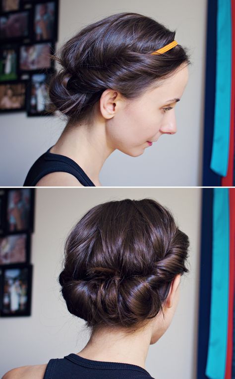 ModaMama: Hair Tutorial: Easy Headband Updo.  Even someone as hairstyle challenged as I am can pull this off! Headband Updo, Updo Simple, Updo With Headband, Hair Tuck, Up Dos For Medium Hair, Hair Tutorials Easy, Hair Do, Hair Stuff, Great Hair