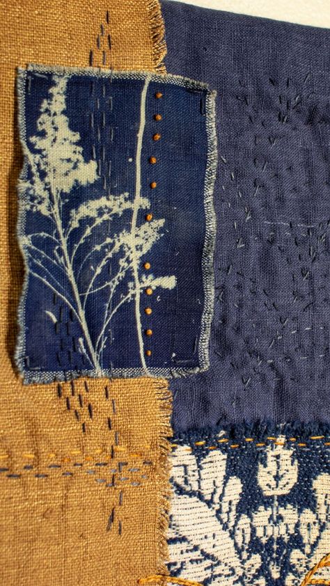 "Goldenrod, that spike of yellow which fills the August and September field, is a native plant to much of North America. It's a versatile species, with many variations." Read more about my inspiration and process for these handmade tapestries using embroidery and cyanotype techniques. Coverlets | linen | sashiko | handmade | native plants | handstitched | nature art | textile art | silk | Forest In Winter, Silk Painting Techniques, Cyanotype Process, Textile Art Embroidery, Handmade Tapestries, Collage Art Projects, Fabric Embellishment, Hand Embroidery Art, A Level Art