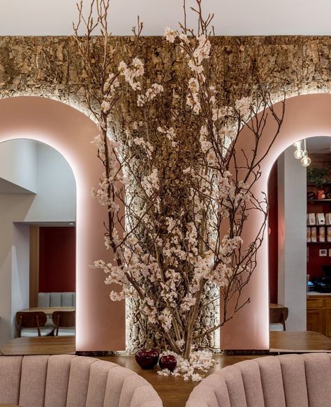 Cherry Blossom Interior Design, Cherry Blossom Restaurant, Cherry Blossom Interior, White Blossom Tree, Museum Concept, Cherry Blossom Photo, Tree Installation, Japanese Coffee Shop, Cherry Blossom Decor