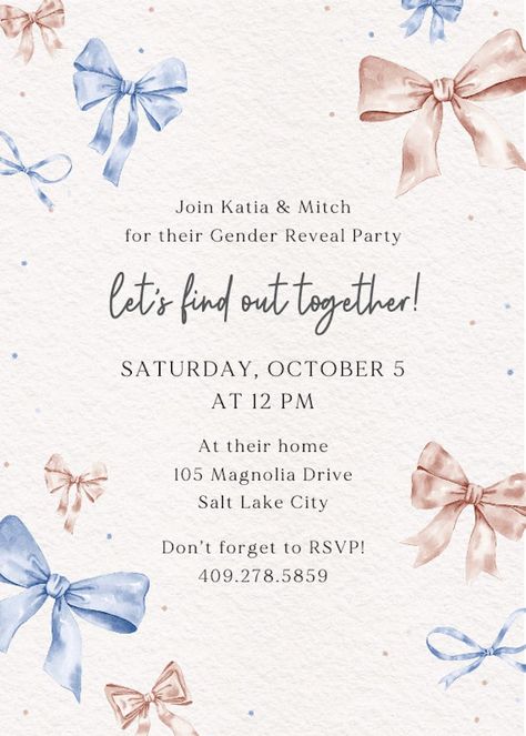 Painted Bows - Gender Reveal Invitation Template (Free) | Greetings Island Gender Reveal Ideas For Party Invitation, Gender Reveal Party Invitations Template, Gender Reveal Invites Template, Gender Reveal Invitation Ideas Template, Gender Reveal Invite Ideas, Gender Reveal Invitations Ideas, Gender Reveal Invitations Template Free, Baby Gender Reveal Invitations, Gender Reveal Quotes