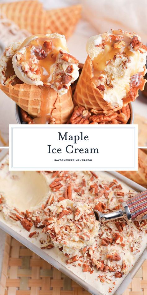 This creamy Maple Ice Cream with pecans is a homemade vanilla ice cream flavored with real maple syrup that will knock your fuzzy socks off! No Churn Maple Ice Cream, Homemade Maple Ice Cream, Fall Ice Cream Flavors, Maple Ice Cream Recipe, Ice Cream Butter Pecan, Maple Bacon Ice Cream, Maple Ice Cream, Kitchen Aid Ice Cream, Parties Food