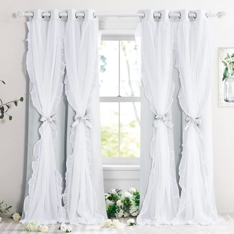 PRICES MAY VARY. Package Content: 2 Double-layered panels measuring 52"W by 84"L each. 8 silver Grommets (1.6" inner diameter) top to fit most of the standard curtain rod. 4 fabric tiebacks included Double Layers: Made of 100% polyester fabric, block out a fair amount of light & heat while adding privacy. The white sheer panel bring an elegant and luxurious feeling Ruffle Sheer: The fabric is perfect and the ruffle adds a nice charm, something soft and feminine and these are perfect. Super soft French Country Drapes, Girl Curtains, Chic Curtains, Ruffle Curtains, Layered Curtains, Shabby Chic Curtains, Tulle Curtains, Curtains For Bedroom, Shabby Chic Living Room