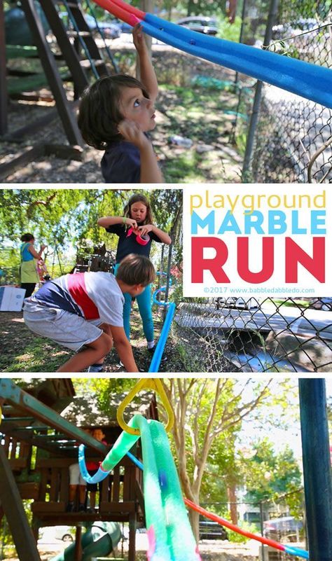 A wonderful STEAM challenge for groups: Make a playground sized DIY marble run using pool noodles! Stem Playground, Diy Marble Run, Engineering Challenges, Babble Dabble Do, Bear Scouts, Preschool Playground, Marble Runs, Cousin Camp, Steam Challenges