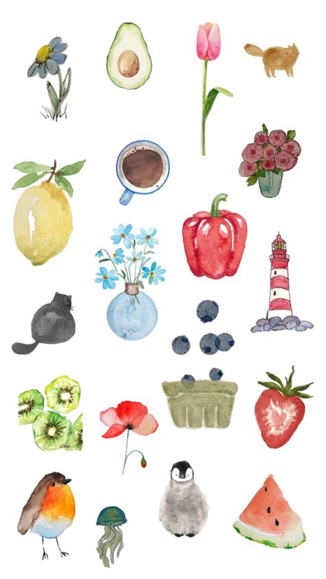 #collage #aesthetic #drawings #easydrawings #watercolor #watercolordrawings #viralpost Watercolor Art Collage, Watercolor Doodle Ideas, Water Coloring Painting Ideas Aesthetic, January Watercolor, Simple Watercolor Ideas, Watercolor Icons, Strawberry Watercolor, Watercolor Doodles, Aesthetic Drawings