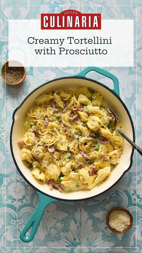 This easy one-pot tortellini with prosciutto and peas is a fantastic way to elevate store-bought fresh pasta and turn out a guest-worthy meal in under 30 minutes. Try this creamy tortellini recipe and prepare to be wowed. Peas And Prosciutto, Leek Sauce, Prosciutto Pasta, Tortellini Recipe, Creamy Tortellini, Ham Pasta, Tortellini Recipes, Rice Risotto, Weeknight Dinner Recipes