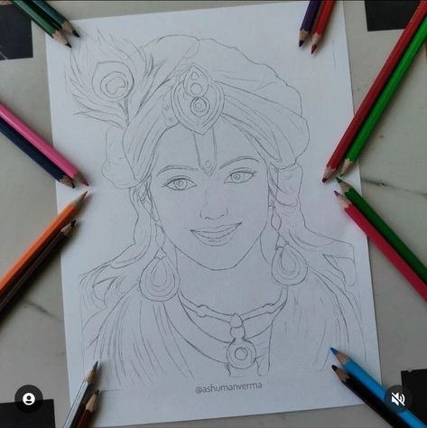 Narayan Sketch, Indian Goddess Drawing, Narayan Drawing, Krishna Sketch Pencil Creative, Devotional Drawings, Lord Krishna Drawing Pencil, Radha Krishna Drawing Pencil Easy, Radhe Krishna Sketch, Krishna Ji Sketch