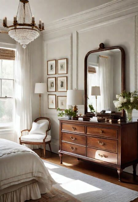 How to Decorate the Top of a Dresser Bedroom Decor White Dresser, Moody Romantic Master Suite, House And Garden Bedroom Ideas, Wood Board Decoration Ideas, Neo Traditional Interior, Classic Romantic Home Decor, Foyer Dresser Decor, Bedroom Mirror Styling, Dune Home Aesthetic