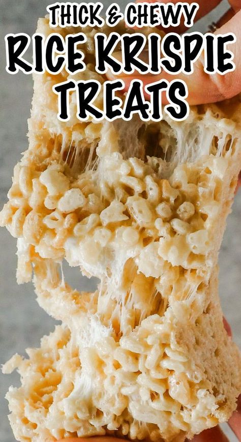 The perfect gooey rice krispie squares recipe that uses extra mini marshmallows! These are so yummy and definitely my favorite homeamde rice krispie treats recipe that I've ever found. Rice Krispie Treats Large Marshmallows, Iced Rice Krispie Treats, Thick Rice Krispie Treats, Rice Crispies Recipes, Chewy Rice Krispie Treats, Rice Krispie Treats Original Recipe, Rice Crispies Recipe, Rice Crispy Bars, Rice Krispie Treats Recipe