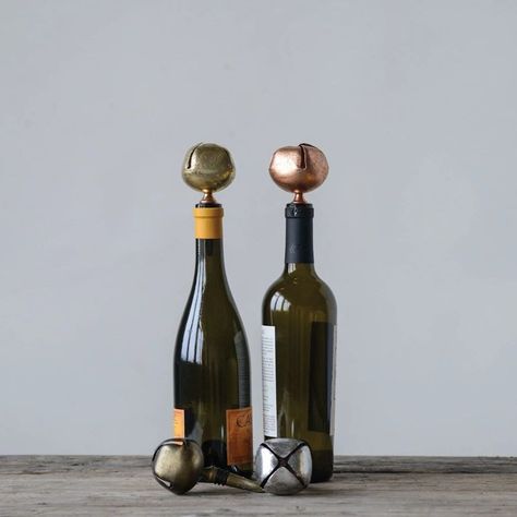 The perfect hostess gift or entertaining detail!   Metal Bottle Stopper w/ Bell. Available in Gold, Silver, Copper and Vintage Gold. Metal Bottle, Metal Bottles, Wine Bottle Stoppers, Creative Co Op, Bottle Stopper, Decor Essentials, Jingle All The Way, Wine Stoppers, Jingle Bell