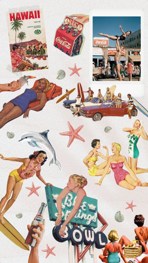 Summer Cartoon Aesthetic, 50s Beach Aesthetic, 50s Graphic Design, 60s Beach Aesthetic, Retro Beach Aesthetic, Vintage Beach Aesthetic, 50s Love, Retro Beach Party, 50s Beach