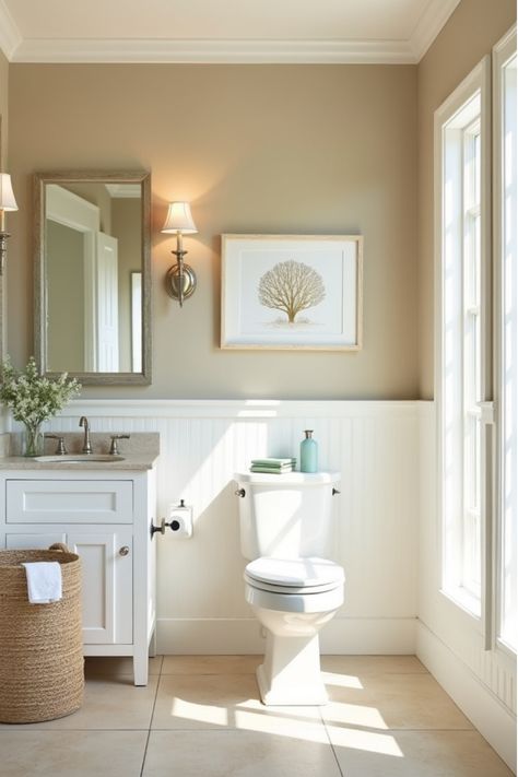 Neutral coastal bathroom with sandy beige walls and beach decor White Wainscoting, Coastal Bathroom, Beige Paint, Seashell Painting, Coastal Bathrooms, Vintage Inspired Decor, Tiny Bathrooms, Neutral Paint, Coastal Chic