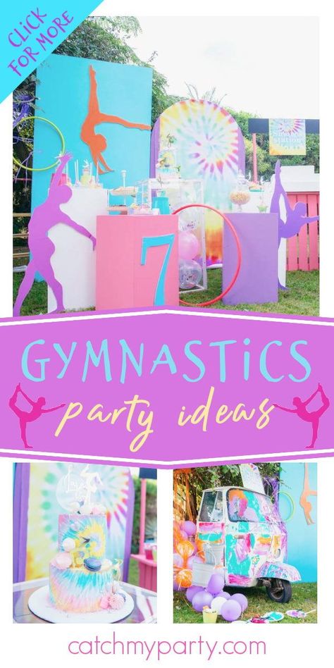 Tumbling Party Ideas, Gymnastics Birthday Party Activities, Gymnastics Party Theme, Gymnastic Party Decorations, Tie Dye Birthday Party Decorations, Gymnastics Birthday Party Games, Tumbling Birthday Party Ideas, Gymnastics Theme Birthday Party Cake, Gymnastic Party Ideas