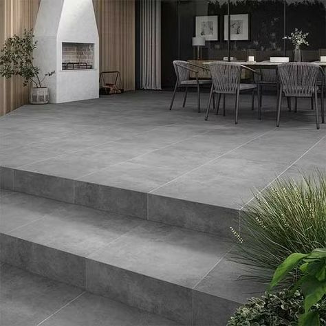 Garden Patio Ideas Paving Grey, Grey Patio Paving, Grey Patio Ideas, Outdoor Porcelain Tile Patio, Grey Porcelain Patio, Area 2023, Tile Giant, Entrance Landscaping, Tile Patio