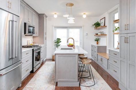 Row Home Kitchen, Gray Kitchen Cabinets, Row Home, Flush Mount Ceiling Lights White, West Philadelphia, Narrow Living Room, Modern Townhouse, American Kitchen, Gray Cabinets