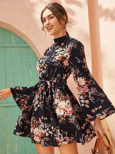 Fashion Attire, Classy Dress, Belted Dress, Stylish Dresses, Floral Print Dress, Pretty Dresses, Classy Outfits, Black Floral, Cute Dresses