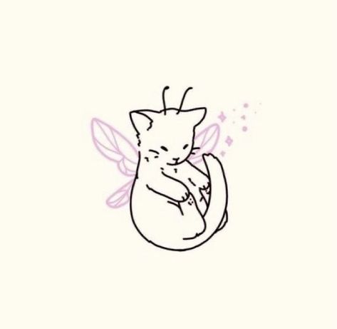 Sleepy Cat Tattoo, Tattoo Simple Aesthetic, Tiny Cat Tattoo Simple, Cat Tattoos Simple, Cat Tattoo Aesthetic, Cat With Wings Tattoo, Kitten Tattoo Ideas, Fairy Cat Tattoo, Tiny Cat Tattoos