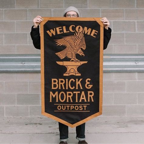 World Brand Design Society on Instagram: “Daniel Sheridan @d.sheridan - So stoked to see this design in its final stitched felt banner form for @brickandmortarusa, expertly crafted…” Vertical Banner, Vintage Banner, Pennant Flags, Felt Banner, Vintage Flag, Bandana Design, Vintage Tapestry, Flag Design, Container House