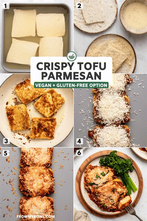 This Crispy Tofu Parmesan is breaded and pan-fried until golden, then baked in the oven until extra crispy! A cozy and hearty vegan main with a gluten-free option. Tofu Parmesan, Tofu Fried, Breaded Tofu, Vegan Tofu, Vegan Mozzarella, Tofu Dishes, Crispy Tofu, Baked Tofu, Tofu Recipes