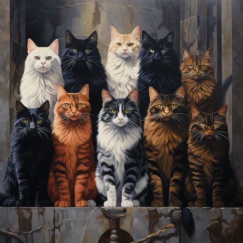 multiple different kind of cats, detail, realistic, multiple poses 10 Cats Together, A Lot Of Cats, Cat Communication, Cat Behavior Problems, Group Of Cats, Cat Portrait Painting, Multiple Cats, Cat Ownership, Cat Picture