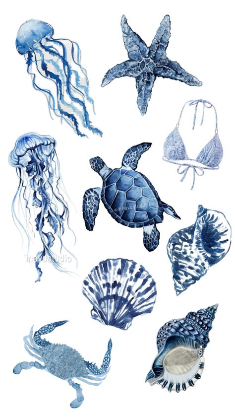 Blue jellyfishes, seashells, a turtle, starfish, crab and a bikini Blue Sea Aesthetic, Sea Aesthetic, Scrapbook Stickers Printable, Scrapbook Stickers, Printable Stickers, Marine Life, Sea Creatures, Blue Sea, Poster Wall